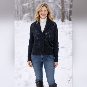 VTG Free People Black Wool Blend Open Weave Snap Close Sweater Size Small